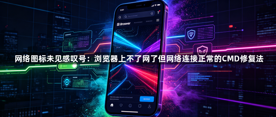 网络图标未见感叹号:浏览器上不了网了但网络连接正常的CMD修复法1
